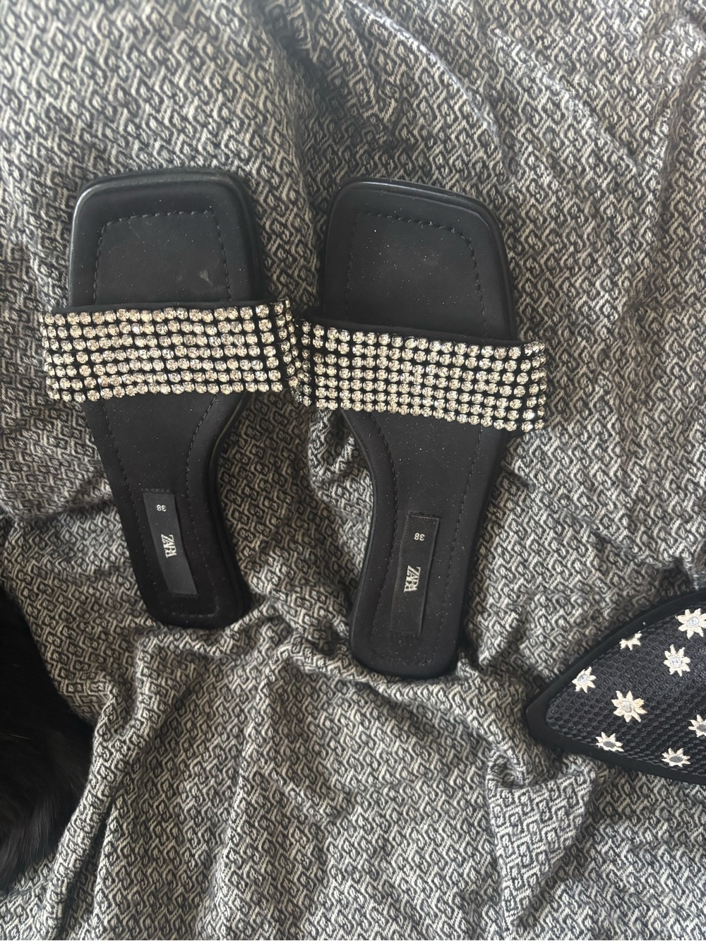 Zara Black Slide Sandals with Crystal-Studded Strap
